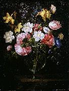 Juan de Arellano Clematis, a Tulip and other flowers in a Glass Vase on a wooden Ledge with a Butterfly Germany oil painting artist